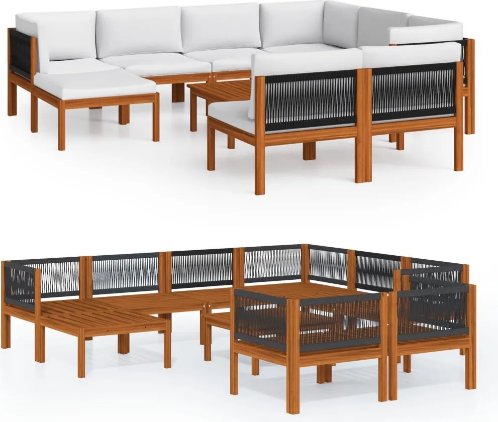 vidaXL Set fotoliu de grădină cu 10 piese, perne, lemn crem, acacia și frânghie