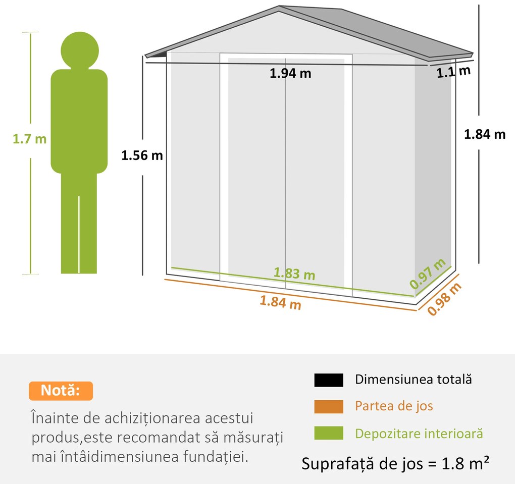 Outsunny Magazie de Grădină cu Ușă Dublă Culisanta, 4 Prize de Aerisire și Sistem de Blocare, 194x110x184 cm, Gri | Aosom Romania