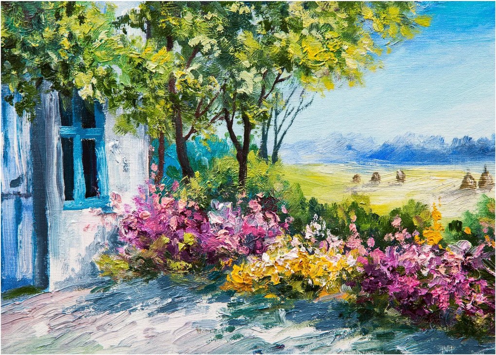 Tablou pe sticlă - Grădina din fața casei, pictură în ulei (70x50 cm)