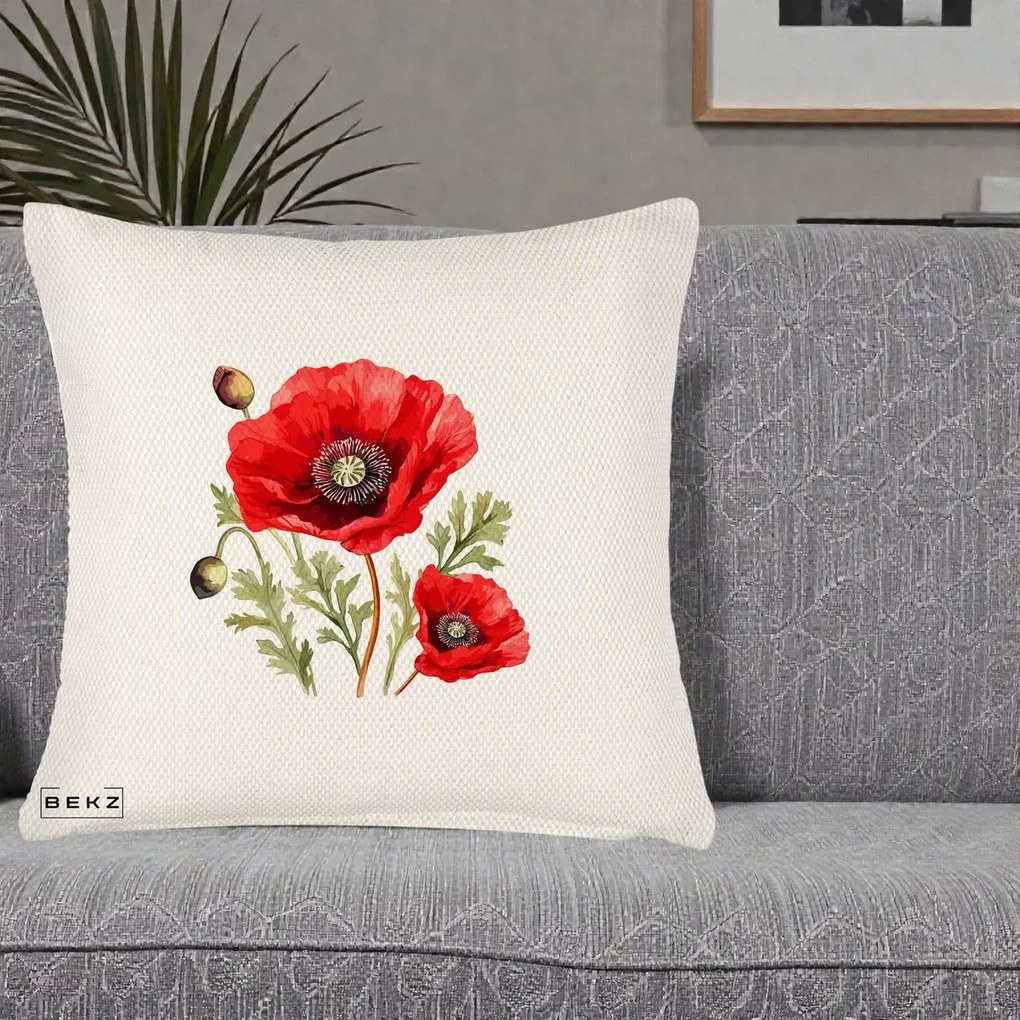 Perna Decorativa Maci Rosii Acuarela, 40x40 cm, Crem Reliefat, Husa Detasabila, Perna Inclusa, BEKZ®