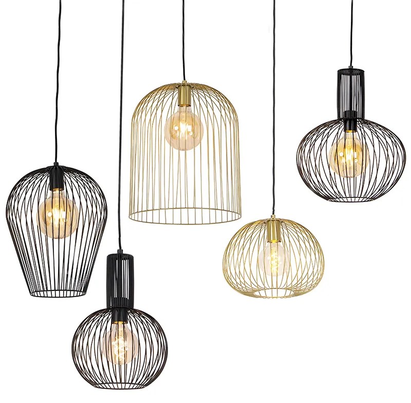 Set de 5 lămpi suspendate de design negru și auriu - Wires