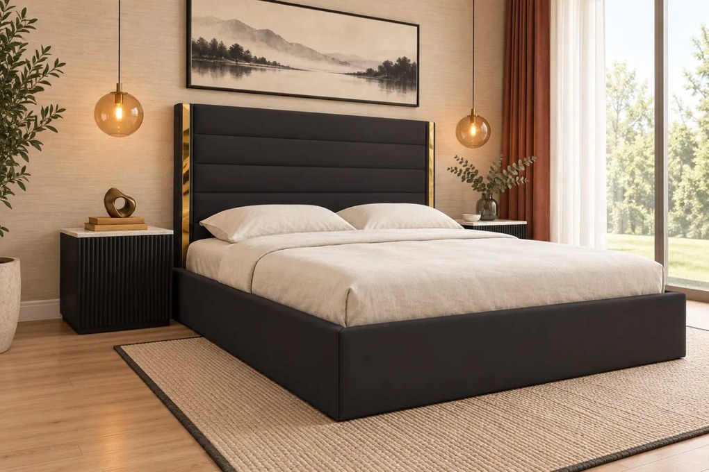 Pat tapițat din catifea Veyra 160×200 cm, negru, detalii aurii, cu ladă de depozitare