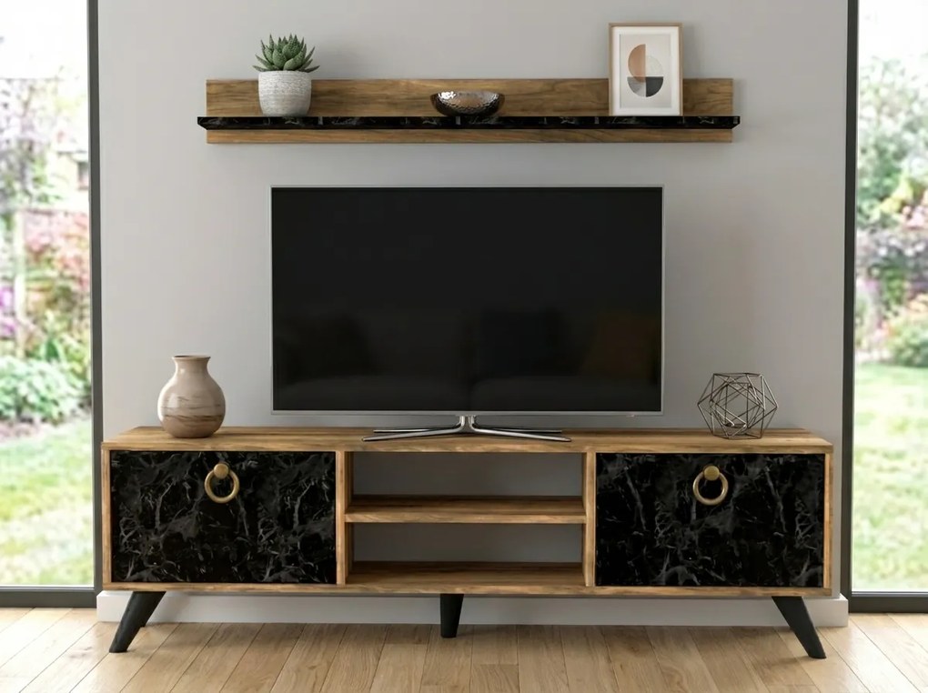 Comoda TV ZEN 160 cm cu polita de perete, decor nuc/marmura neagra