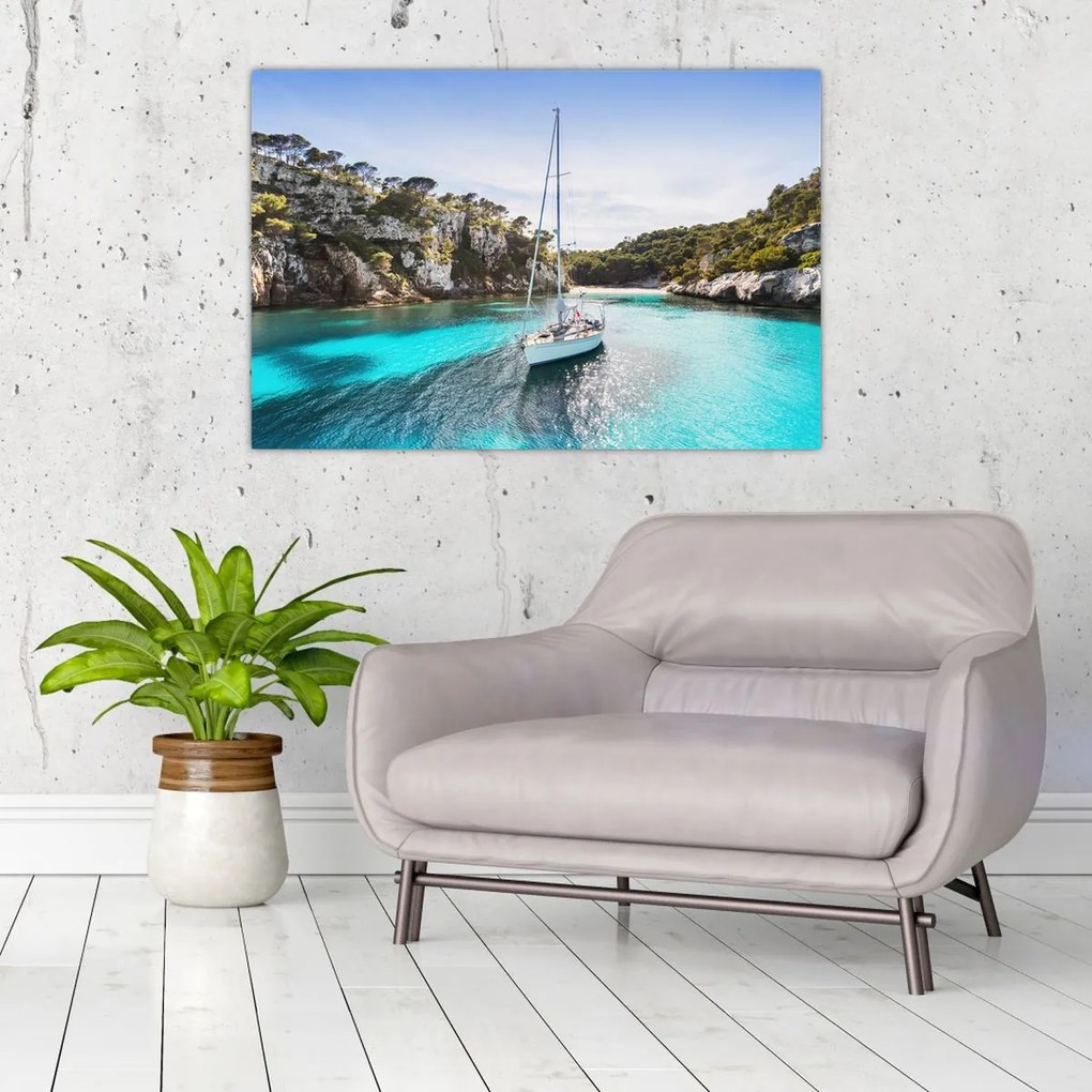 Tablou - Plajă cu barca cu pânze (90x60 cm)