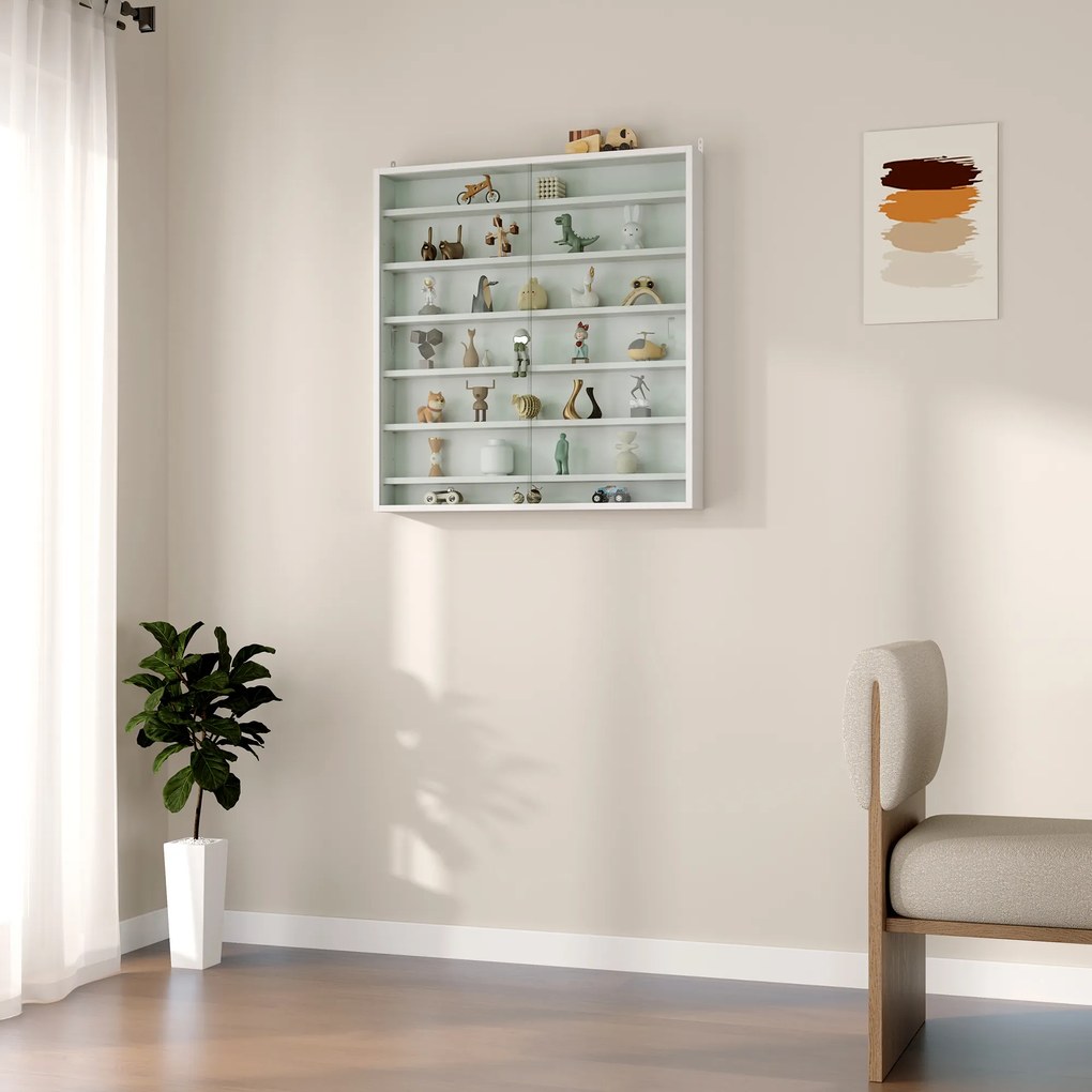 HOMCOM Vitrină de perete din lemn cu polițe reglabile și 2 uși glisante din sticlă 80x9,5x83 cm Alb | Aosom Romania