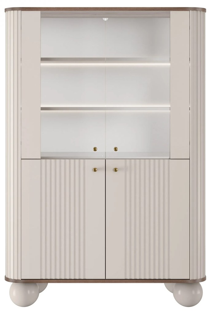 Vitrină Vesper 103 cm cu 4 uși - cașmir / nuc / mânere aurii / picioare sferice