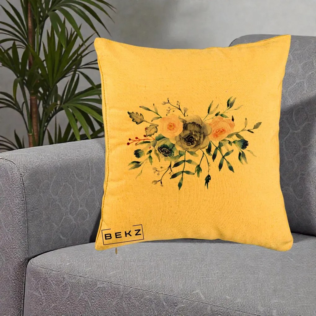 Perna Decorativa Buchet Flori Albastre Acuarela, 40x40 cm, Galben, Husa Detasabila, Perna Inclusa, BEKZ®