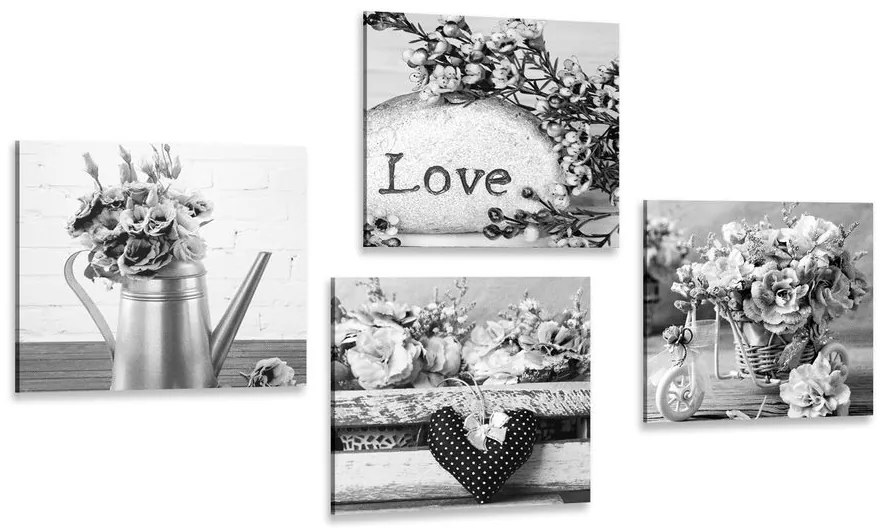Set tablouri natura moartă romantică vintage în alb-negru