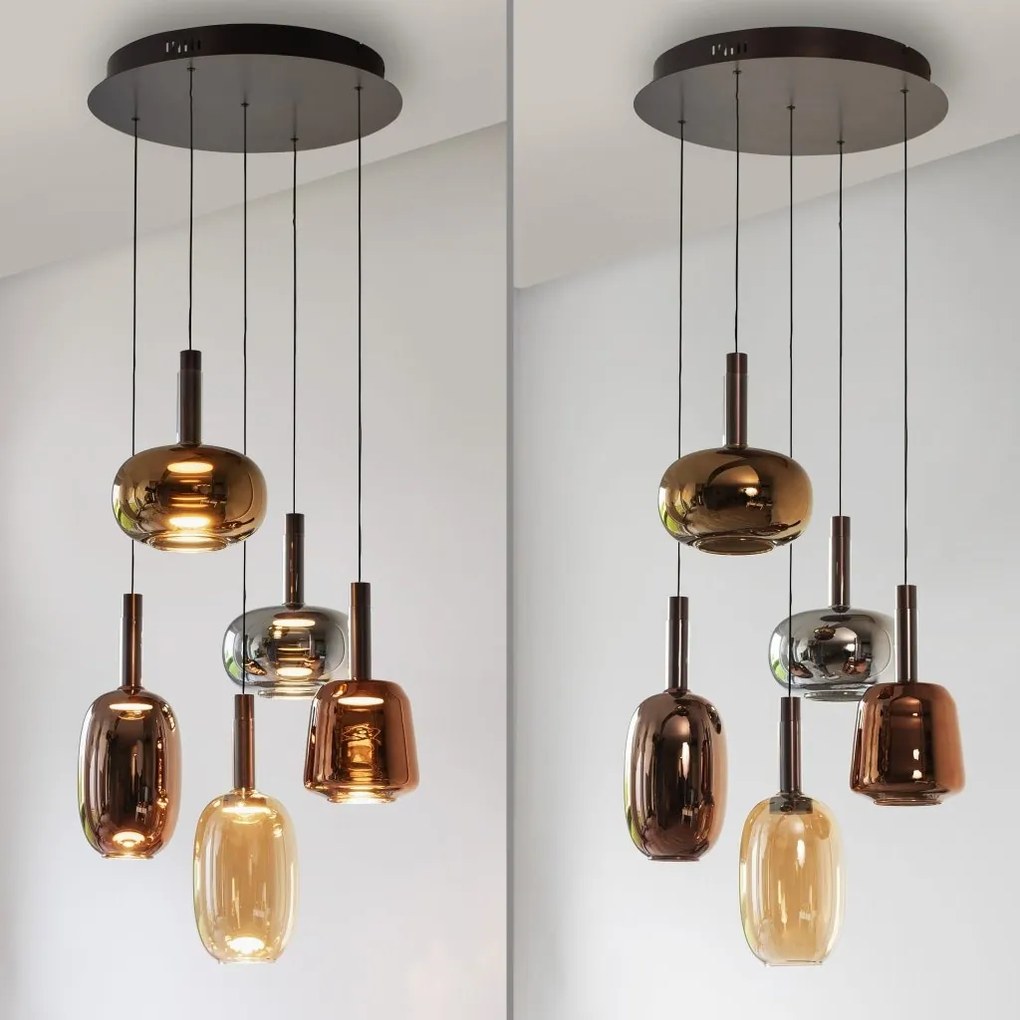 Lustra cu 5 pendule LED, inaltime reglabila, sticla, multicolor, IRIDES