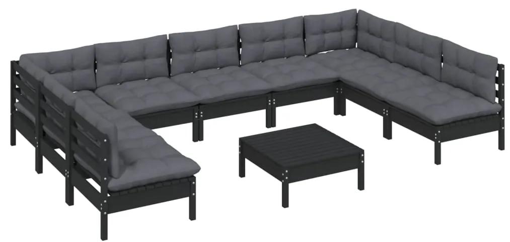 Set mobilier gradina cu perne, 10 piese, negru, lemn masiv pin Negru, 1