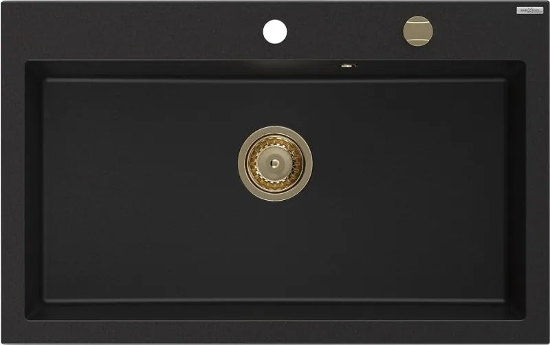 Mexen Elix chiuvetă de bucătărie din granit cu 1 compartiment 800 x 500 mm, neagră, sifon auriu - 6527801005-77-G