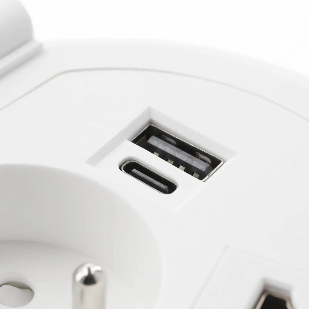 Priza incorporabila rotunda, 1 priza schuko, USB A+C + 1 port interschimbabil(USB A, HDMI, RJ45), incarcare Wireless 5 W, cablu 1.5 m, alba, GTV