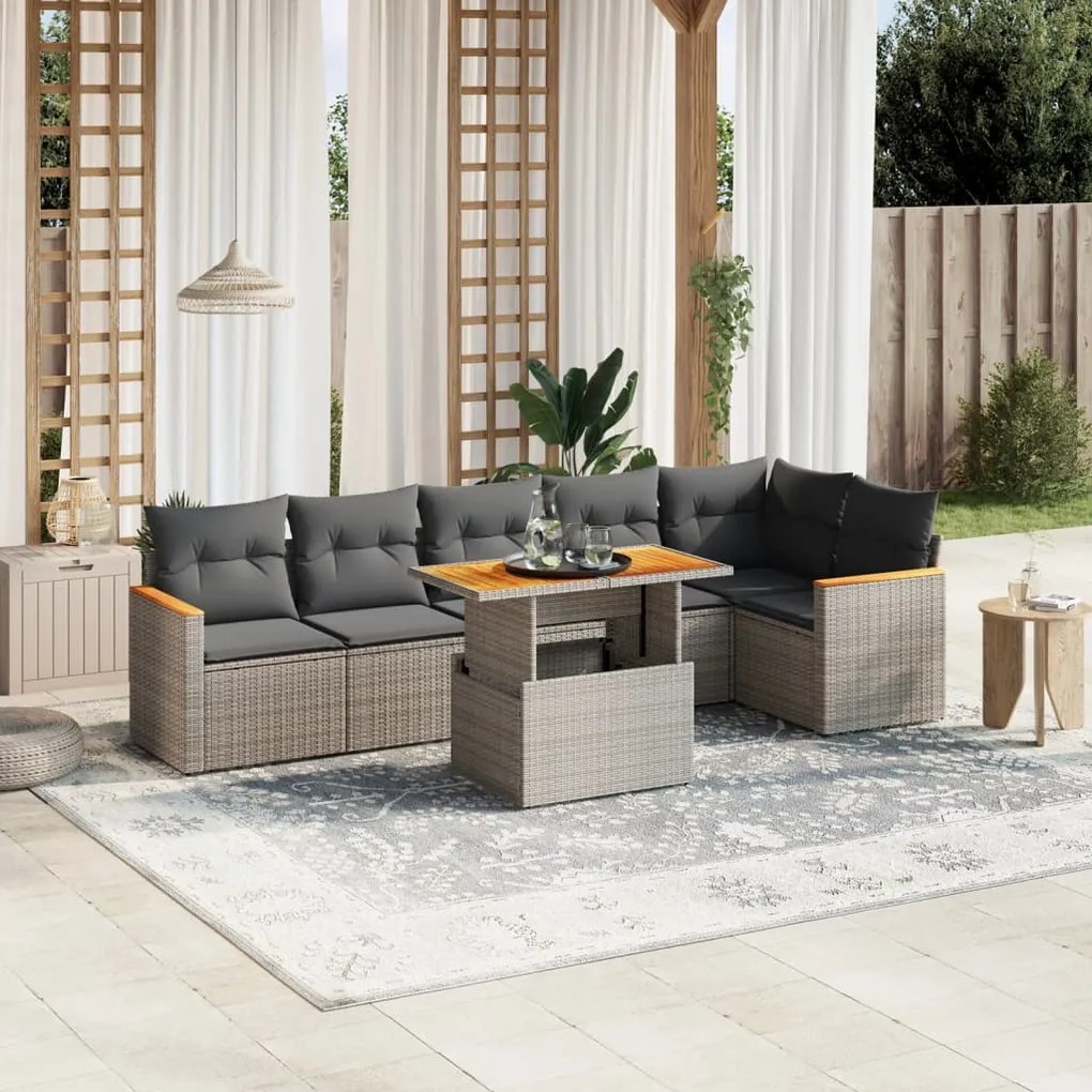 vidaXL Set canapele de grădină, 7 piese, cu perne, gri, poliratan
