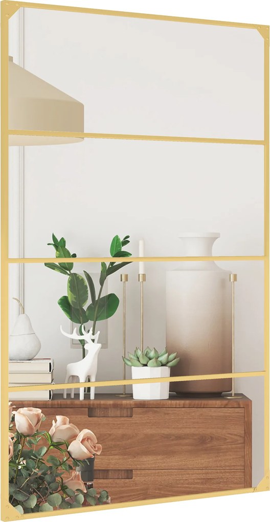 HOMCOM Oglindă de perete tip verrière, dreptunghiulară, stil industrial, montaj orizontal sau vertical cu 4 cârlige, din metal auriu 109 x 69 cm | Aosom Romania