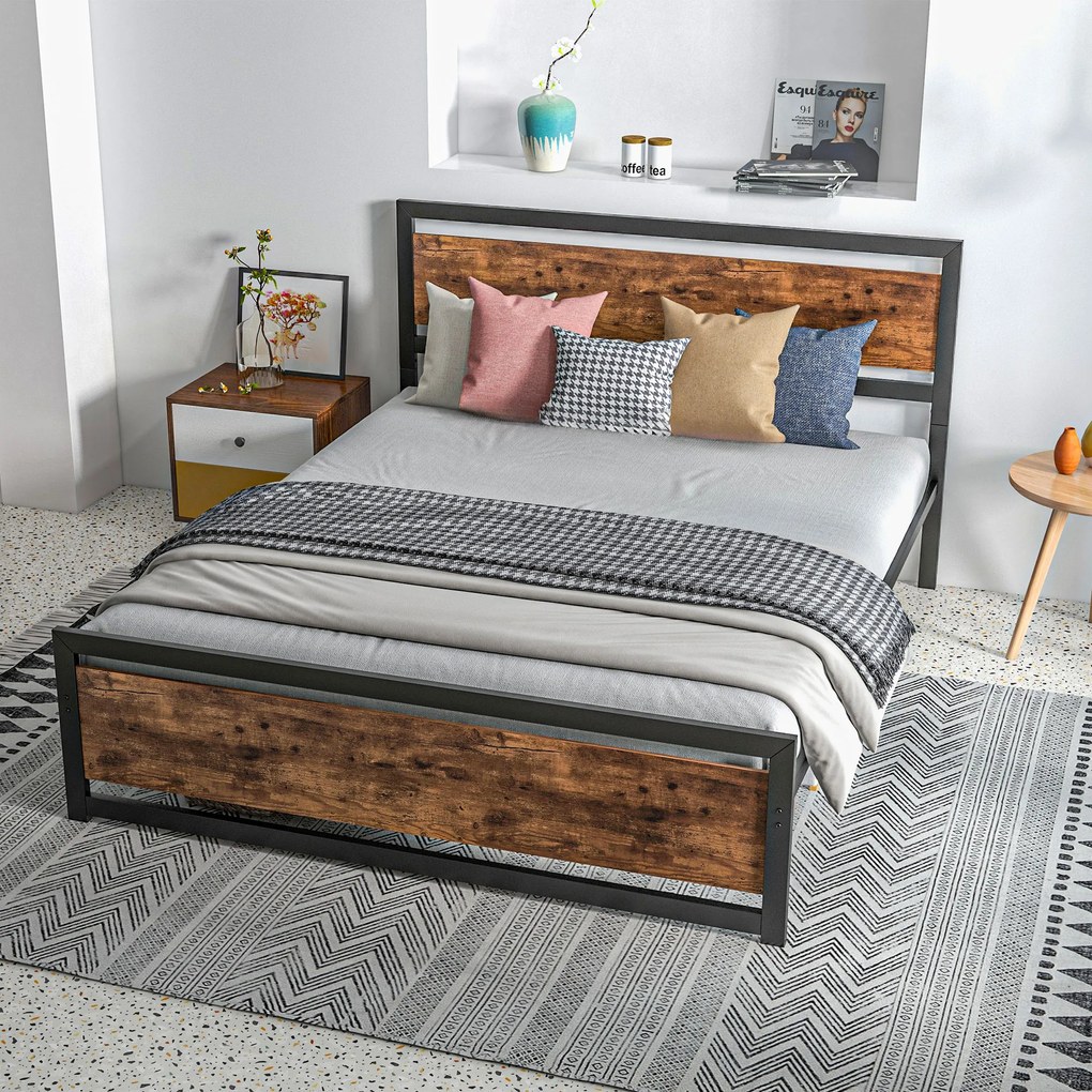 HOMCOM Cadru Pat Matrimonial din Lemn si Otel 160x200cm, Sipci Integrate si Tetiera in Stil Industrial, Negru Maro Rustic