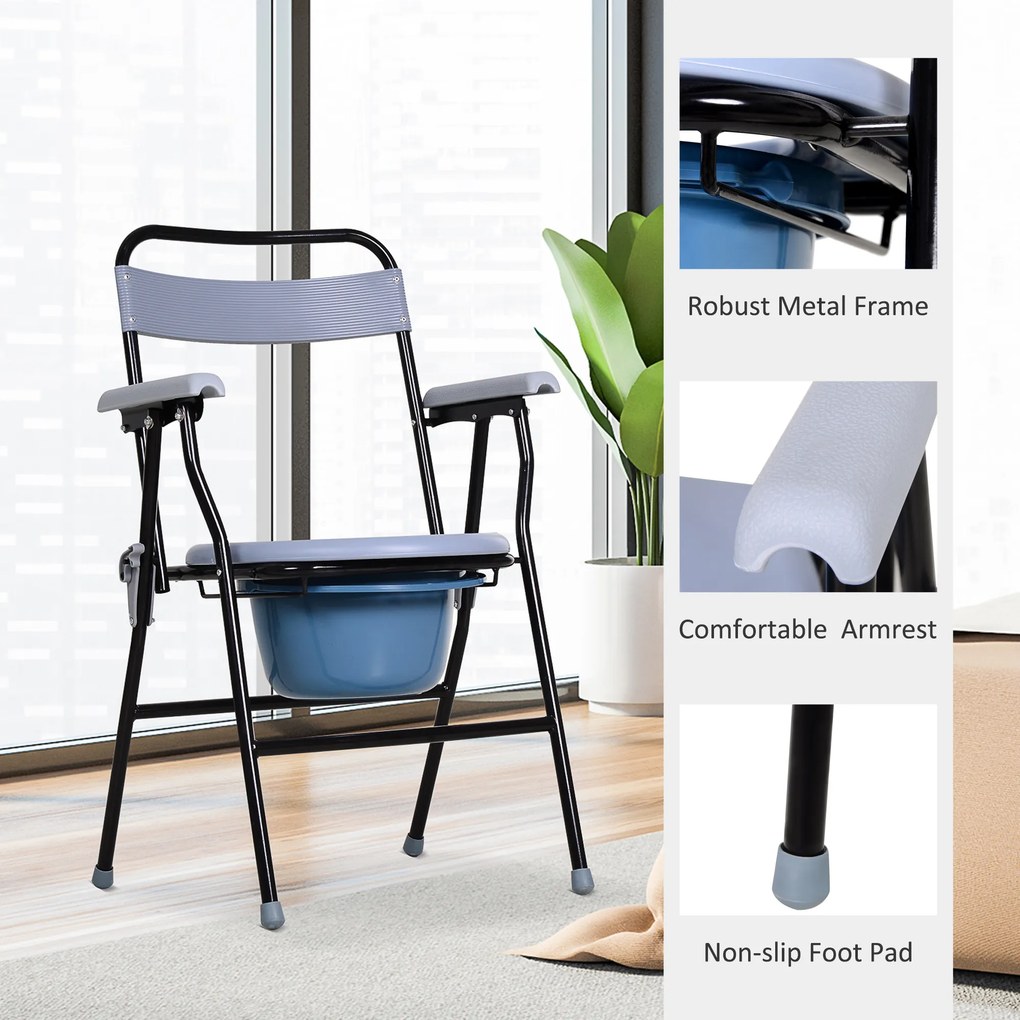 HOMCOM Scaun Toaletă Pliabil cu Găleată Detașabilă pentru Vârstnici și Persoane cu Dizabilități, Scaun WC, 52x50x75 cm, Negru | Aosom Romania