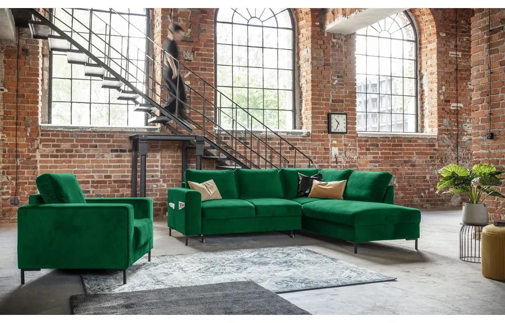 Colțar verde închis extensibil cu tapițerie din catifea (cu colț pe partea dreaptă) Lofty Lilly – Miuform