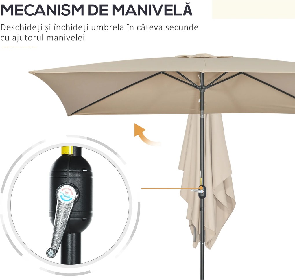 Outsunny Umbrelă de Grădină Înclinabilă cu Manivelă și 6 Spiţe, 2x3 m, Gri Închis | Aosom Romania
