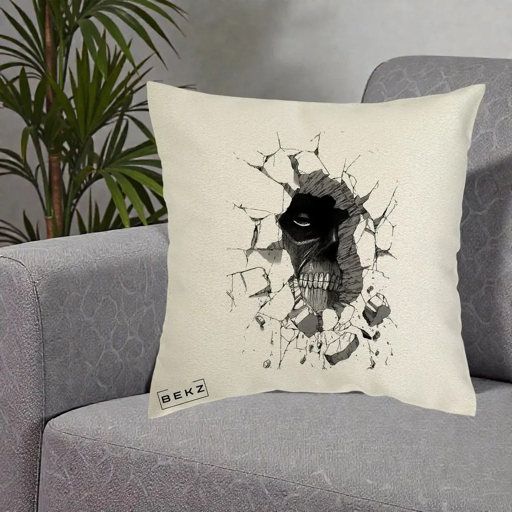 Perna Personalizata Attack on Titan Titan Crapand Zidul, 40x40 cm, Ecru, Husa Detasabila, Perna Inclusa, BEKZ®