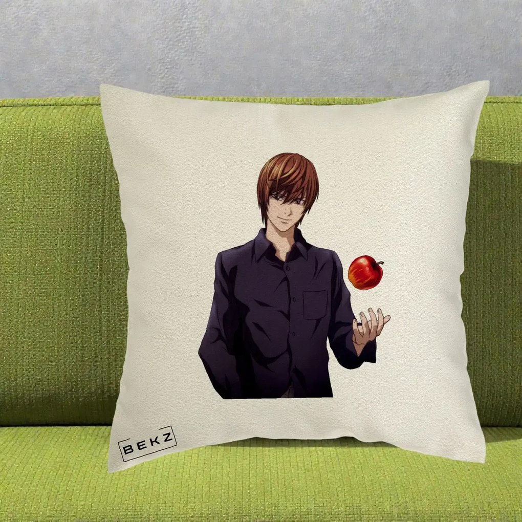 Perna Personalizata Death Note Light Yagami cu Mar, 40x40 cm, Ecru, Husa Detasabila, Perna Inclusa, BEKZ®