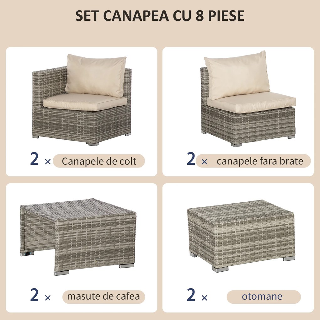 Outsunny Set Mobilier de Grădină Lux 8 Piese, Canapea, Perne Detașabile și Lavabile, Ratan PE Bej, Spațios | Aosom Romania