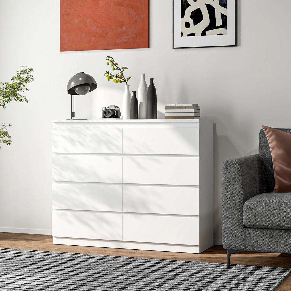 HOMCOM Comodă 8 Sertare cu Mânere Canelate 120x39x100 cm Alb | Aosom Romania