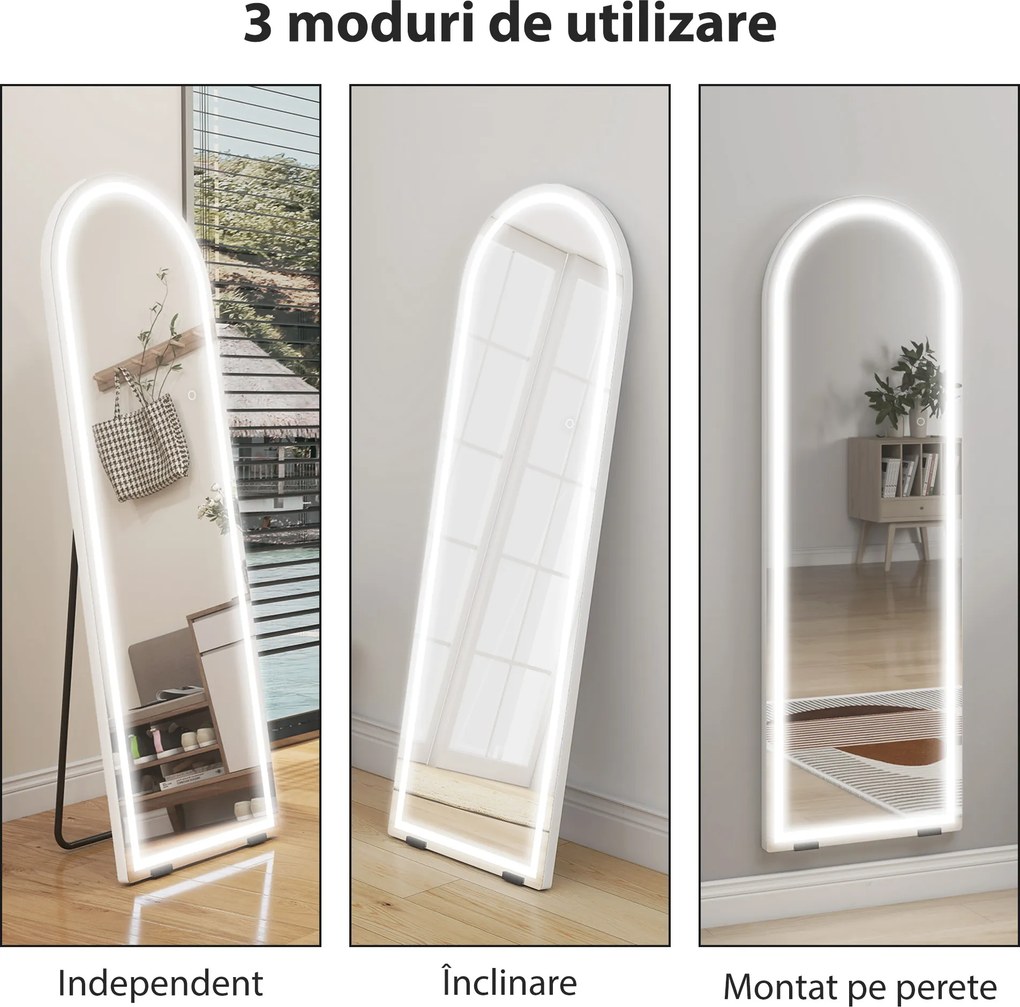 HOMCOM Oglindă de podea arcuită cu lumini, 150x50 cm, de perete și autoportantă, reglabilă, cu funcție de memorie, transparentă | Aosom Romania