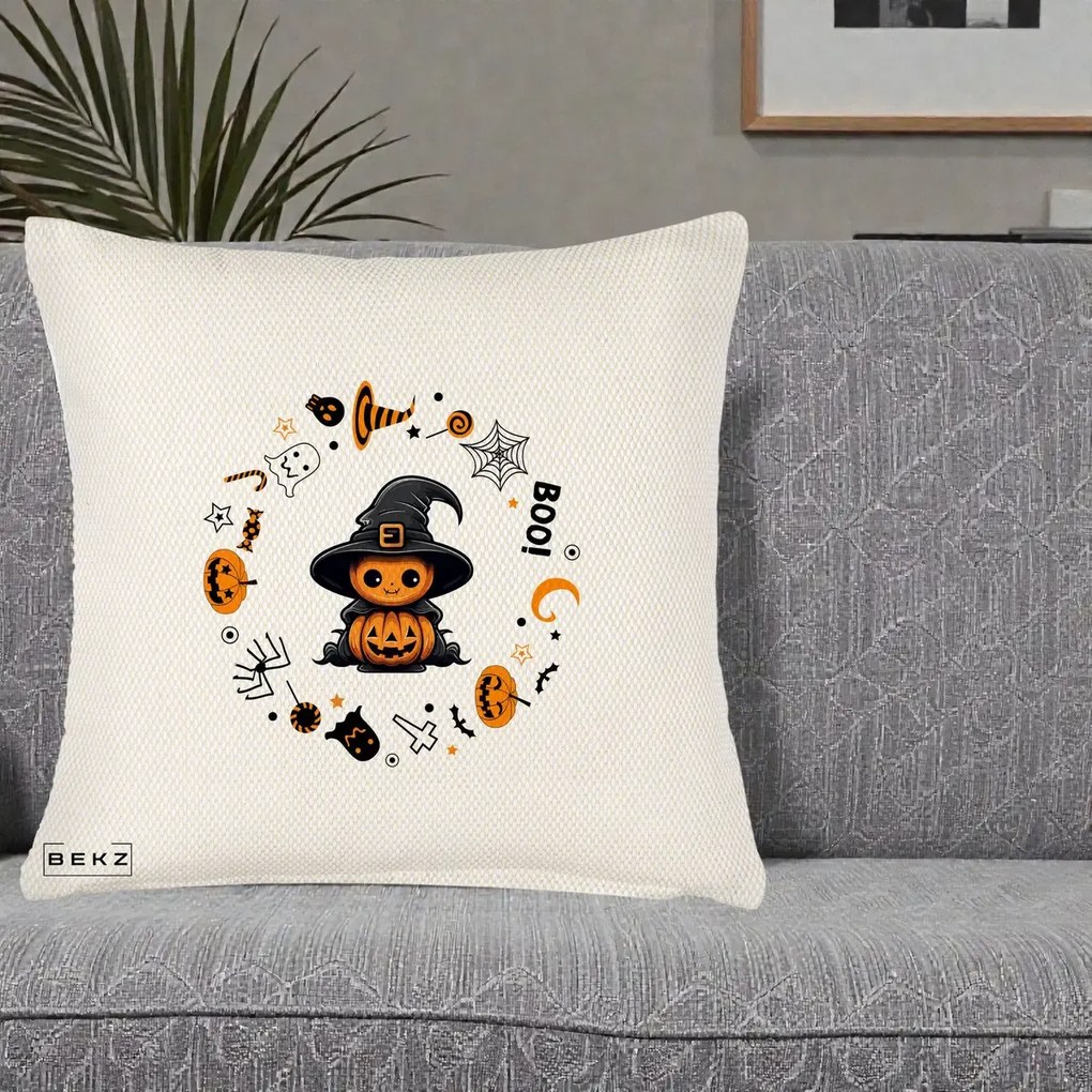 Perna Decorativa Halloween Dovleac Vrajitor Boo cu Simboluri, 40x40 cm, Crem Reliefat, Husa Detasabila, Perna Inclusa, BEKZ®