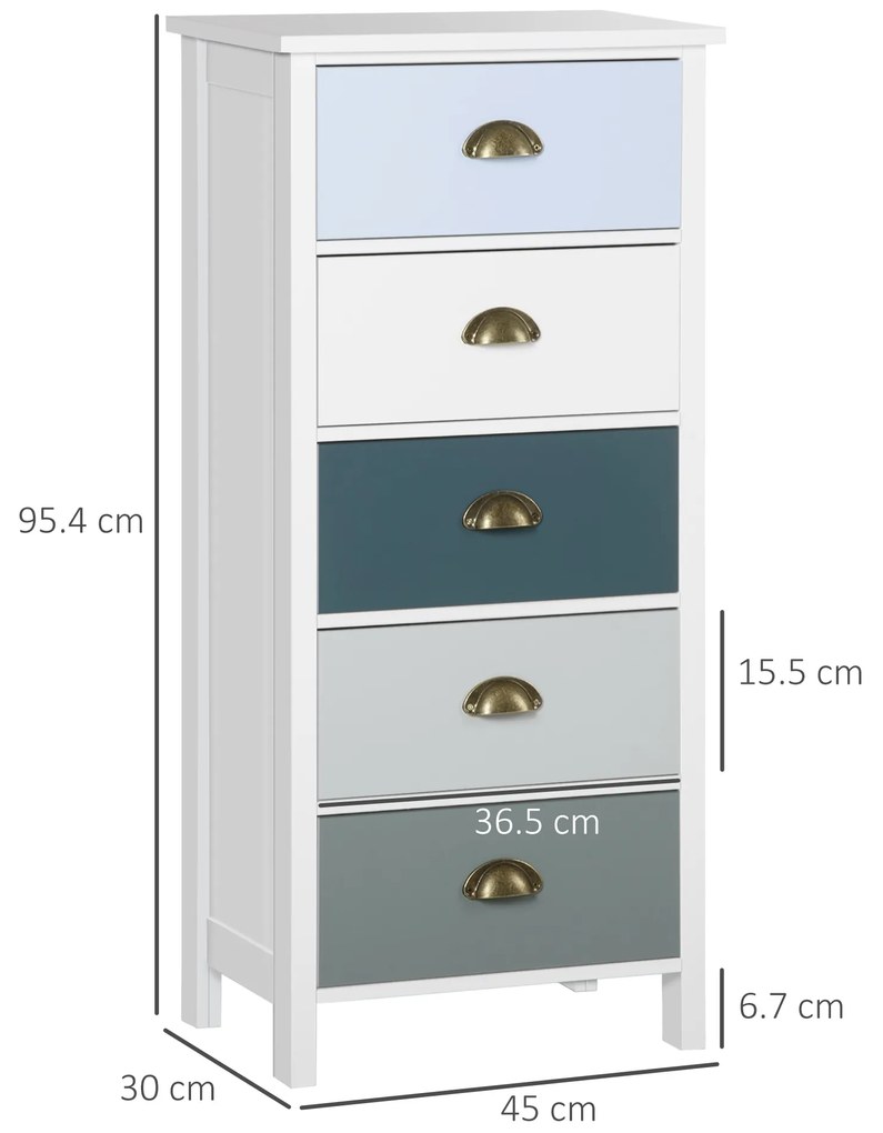 HOMCOM Chiffonnier comodă mobilier de depozitare 5 sertare multicolore cu mânere metal cochilie MDF - dim. 45L x 30l x 95,4H cm | Aosom Romania