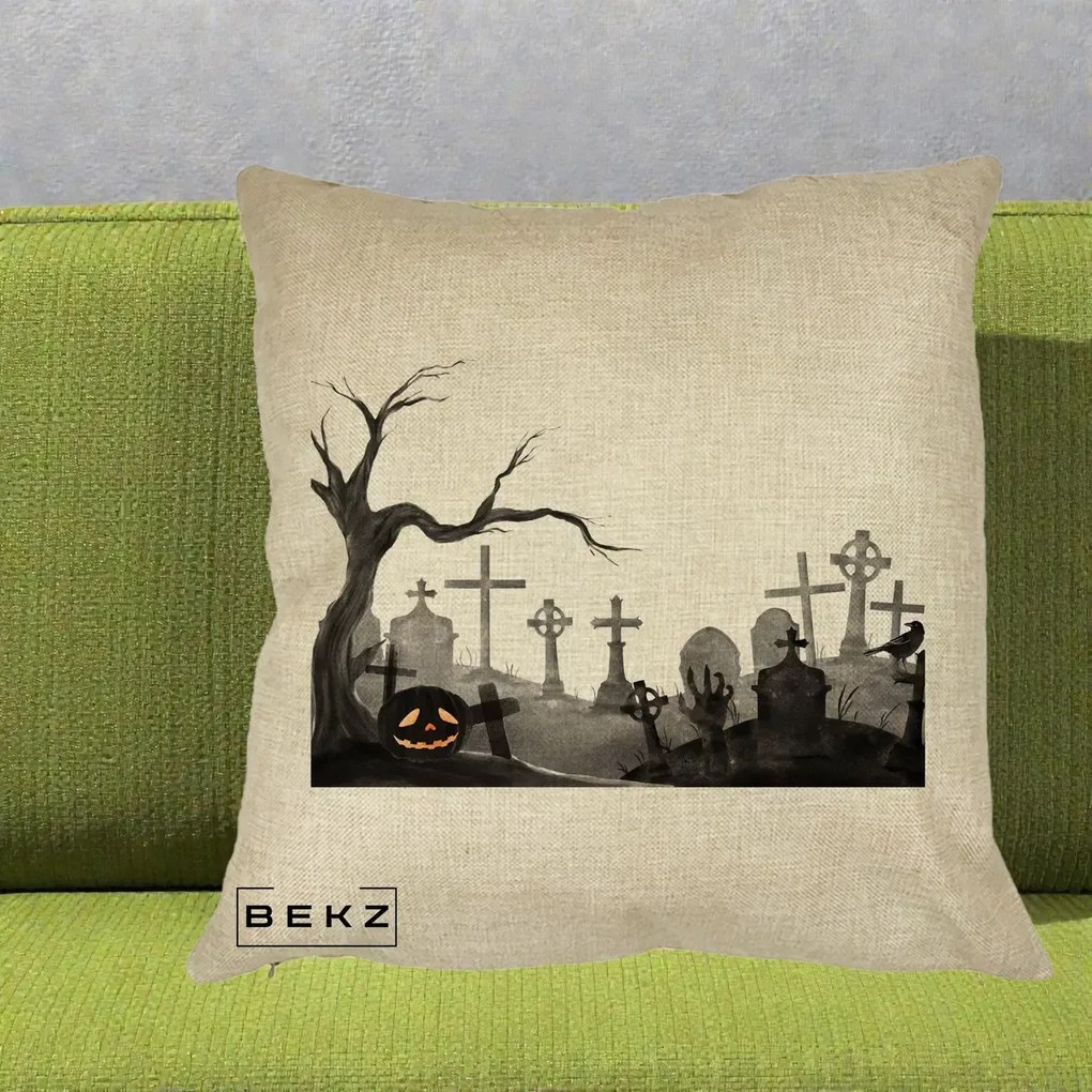 Perna Decorativa Halloween Cimitir Acuarela cu Dovleac, 40x40 cm, Crem, Husa Detasabila, Perna Inclusa, BEKZ®