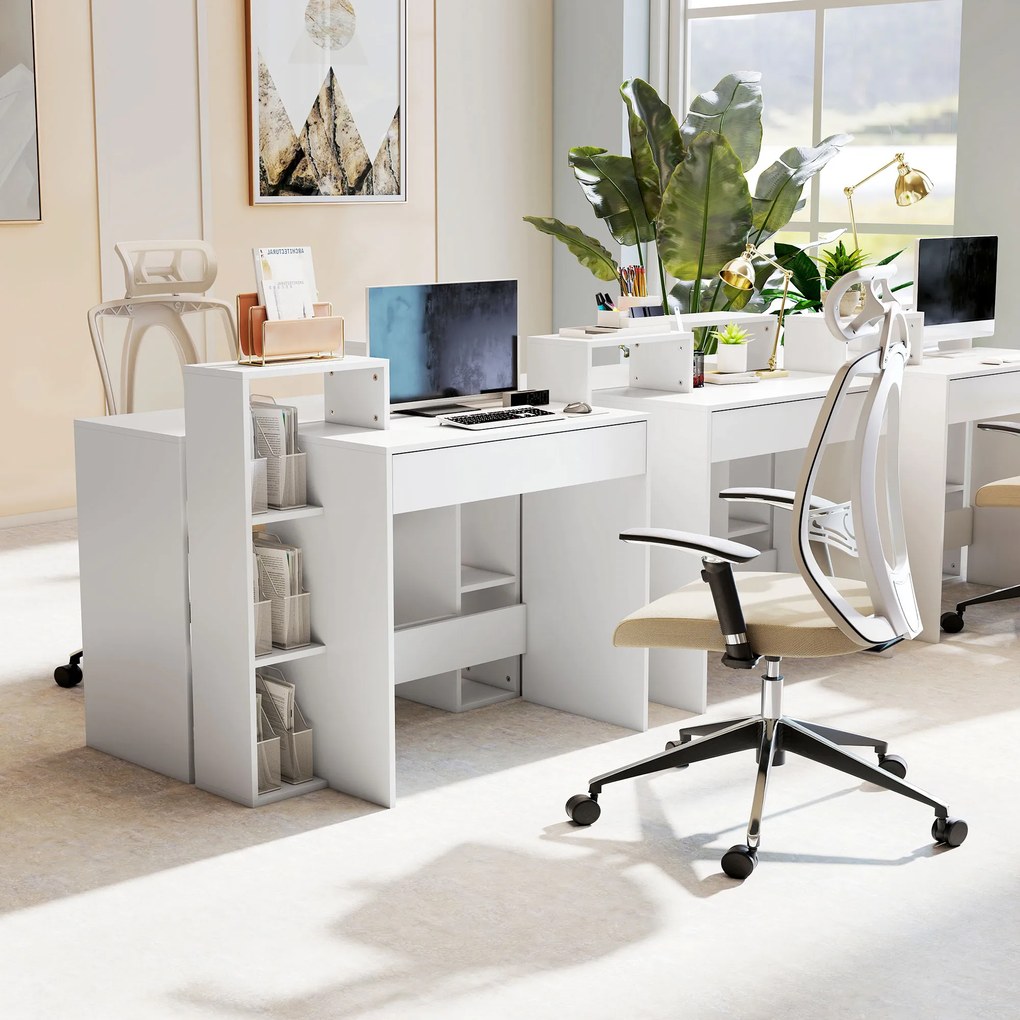 HOMCOM Compact Computer Desk with 3 Storage Shelves and Drawer, Space Saving Writing Desk, Study Table for Home Office, 110 x 40 x 92 cm, White | Aosom Romania