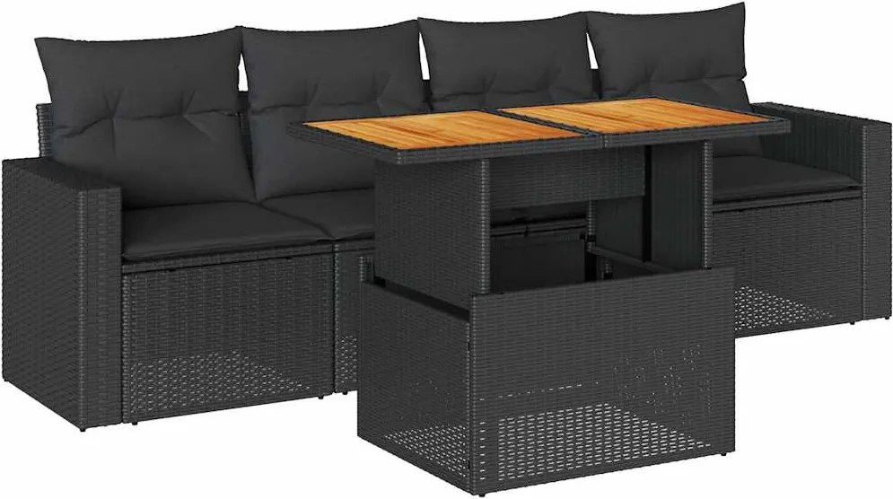 vidaXL Set mobilier de grădină cu perne, 5 piese, negru, poliratan