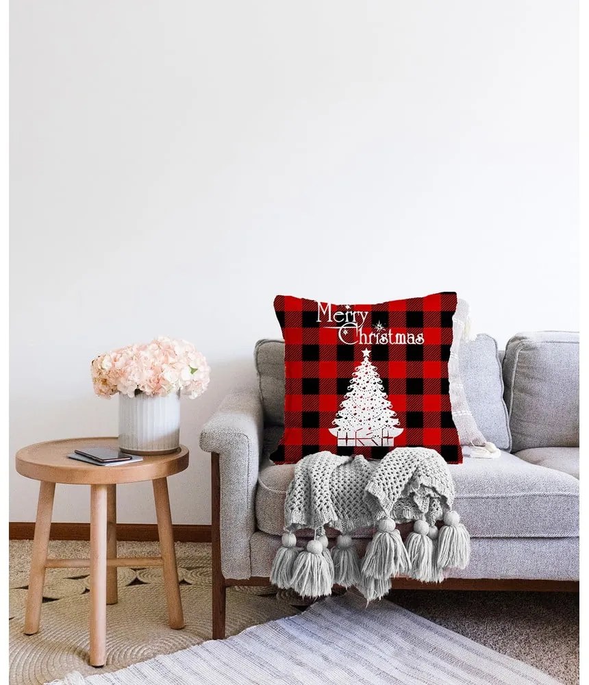 Față de pernă din chenille cu model de Crăciun Minimalist Cushion Covers Christmas Tartan, 55 x 55 cm