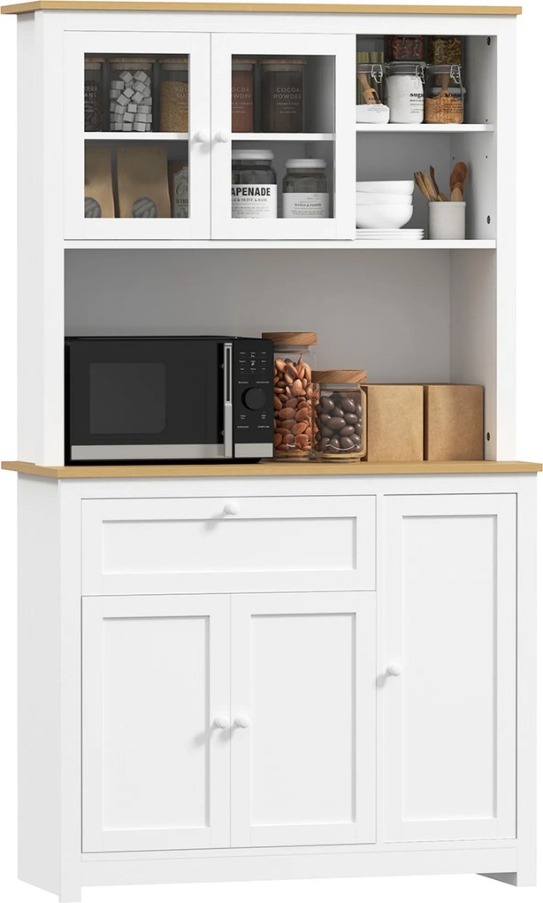 HOMCOM Dulap de bucătărie în stil country, 1 vitrină, 1 raft deschis, 1 sertar, 2 dulapuri, Natur + Alb | Aosom Romania