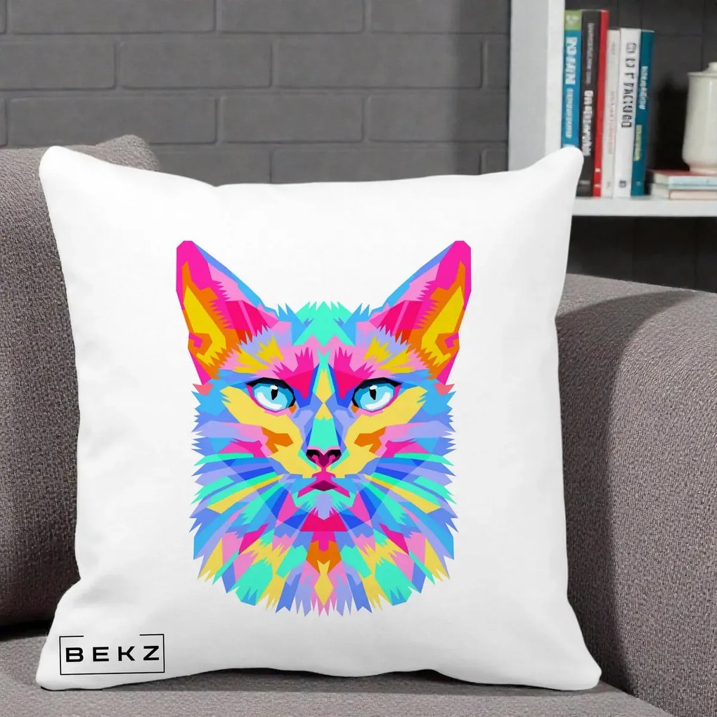 Perna decorativa Pisica Pop Art Multicolor, 40x40 cm cu Umplutura, Alb Mat, BEKZ