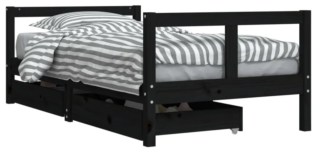 834416 vidaXL Cadru de pat copii cu sertare, negru, 80x160 cm, lemn masiv pin