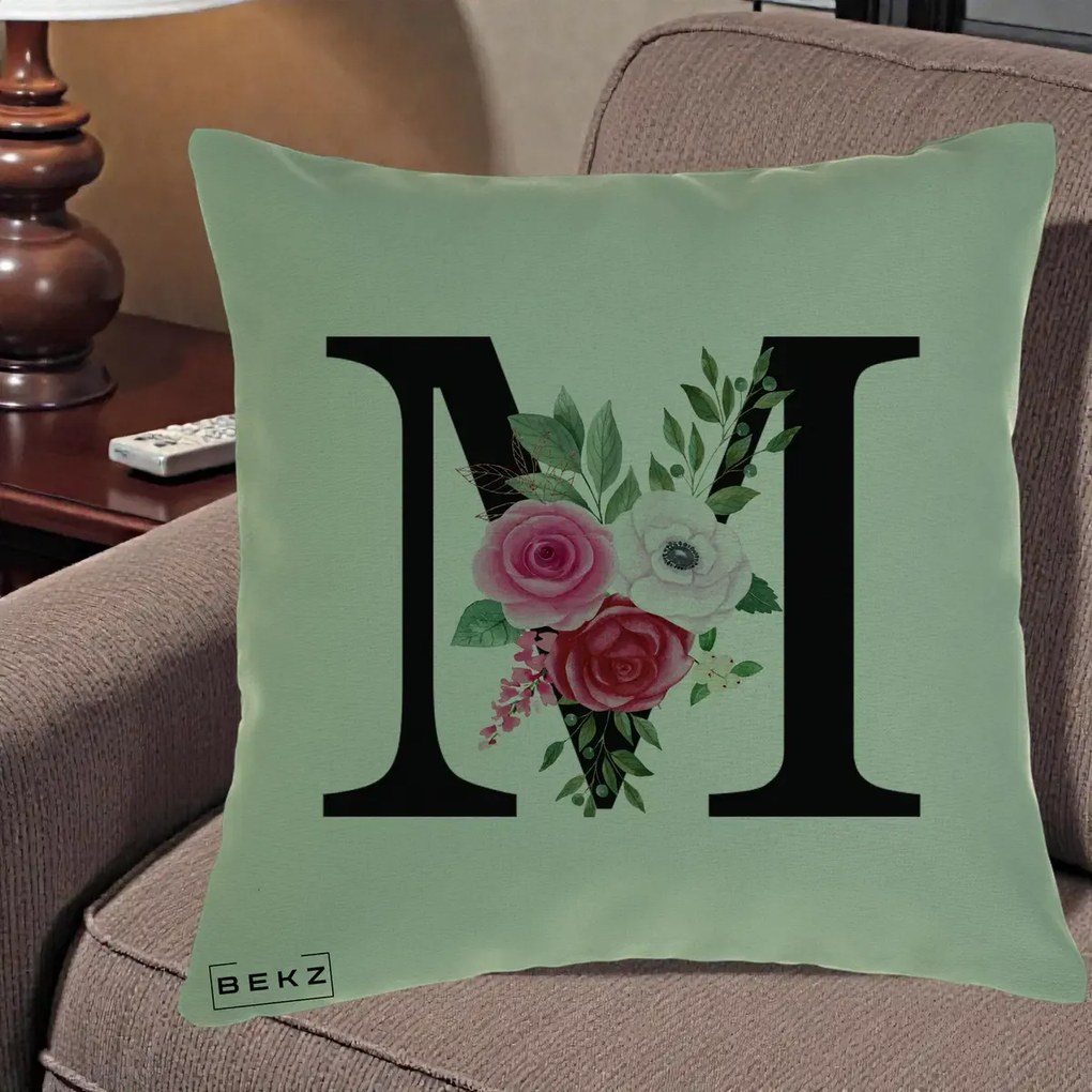 Cadou Personalizat - Perna Personalizata Monograma Florala Litera M cu Trandafiri si Anemona, 40x40 cm, Verde, Husa Detasabila, Perna Inclusa, BEKZ®