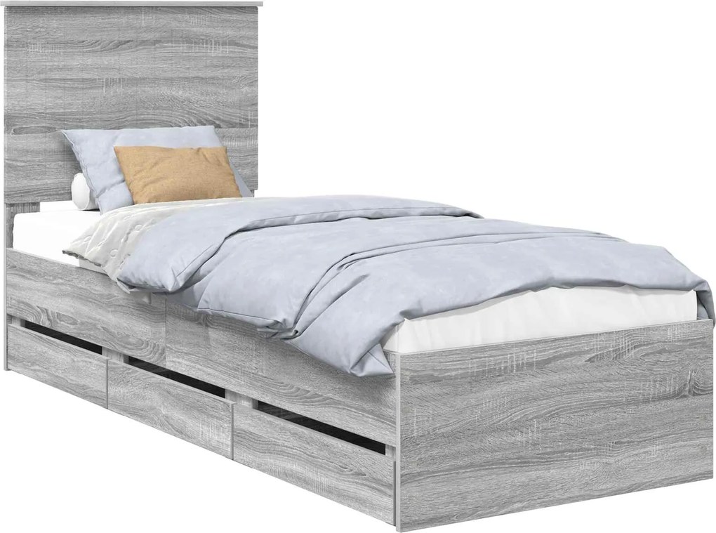 vidaXL Cadru de pat cu sertar Gri Sonoma 75 x 190 cm Lemn Ingineresc