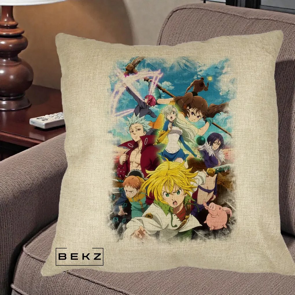 Perna Personalizata Nanatsu no Taizai Cele Sapte Pacate Mortale Anime, 40x40 cm, Crem, Husa Detasabila, Perna Inclusa, BEKZ®