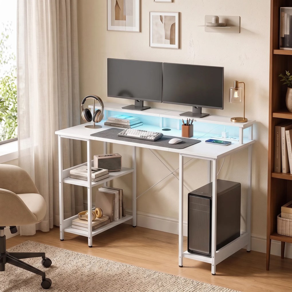 HOMCOM Birou pentru Computer Reversibil cu Rafturi, 120x50 cm, cu Prize și Lumini LED, Alb cu Efect de Lemn | Aosom Romania