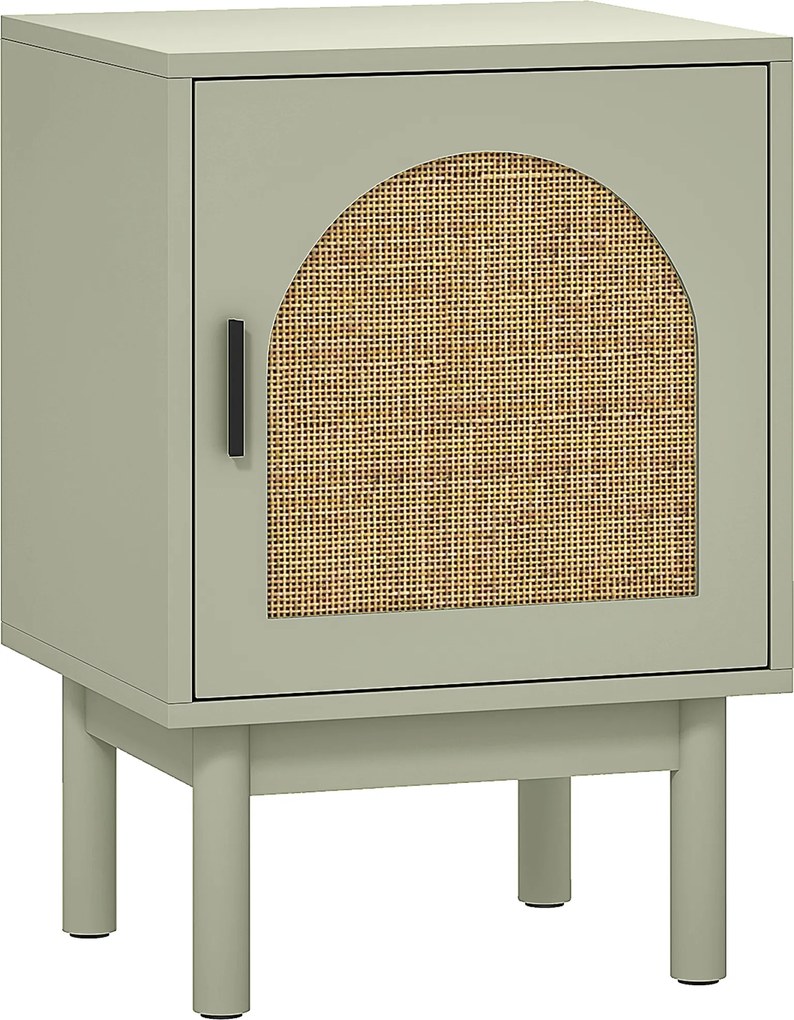 HOMCOM Noptieră cu Ușă din Ratan Raft Ajustabil și Piciorușe de Lemn Stil Bohem 40x35x58 cm Verde Deschis | Aosom Romania