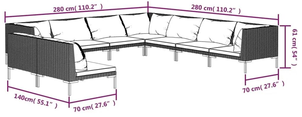 Set mobilier de gradina cu perne,9 piese, gri inchis, poliratan 6x mijloc + 3x colt, 1