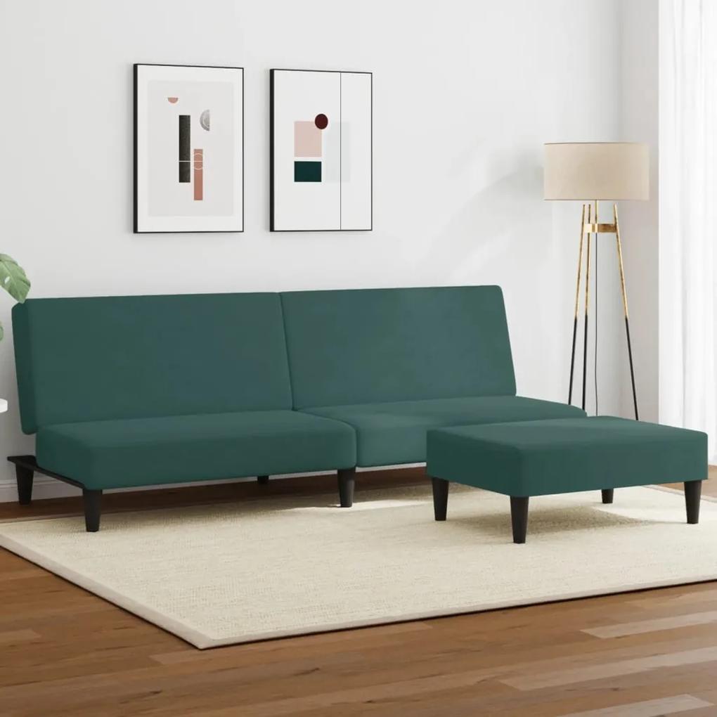 Canapea extensibila cu taburet, 2 locuri, verde inchis, catifea