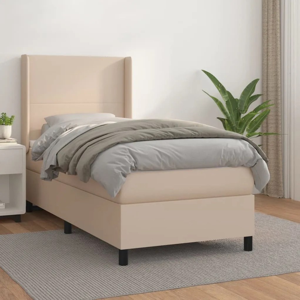 vidaXL Pat box spring cu saltea, cappuccino, 100x200cm piele ecologică