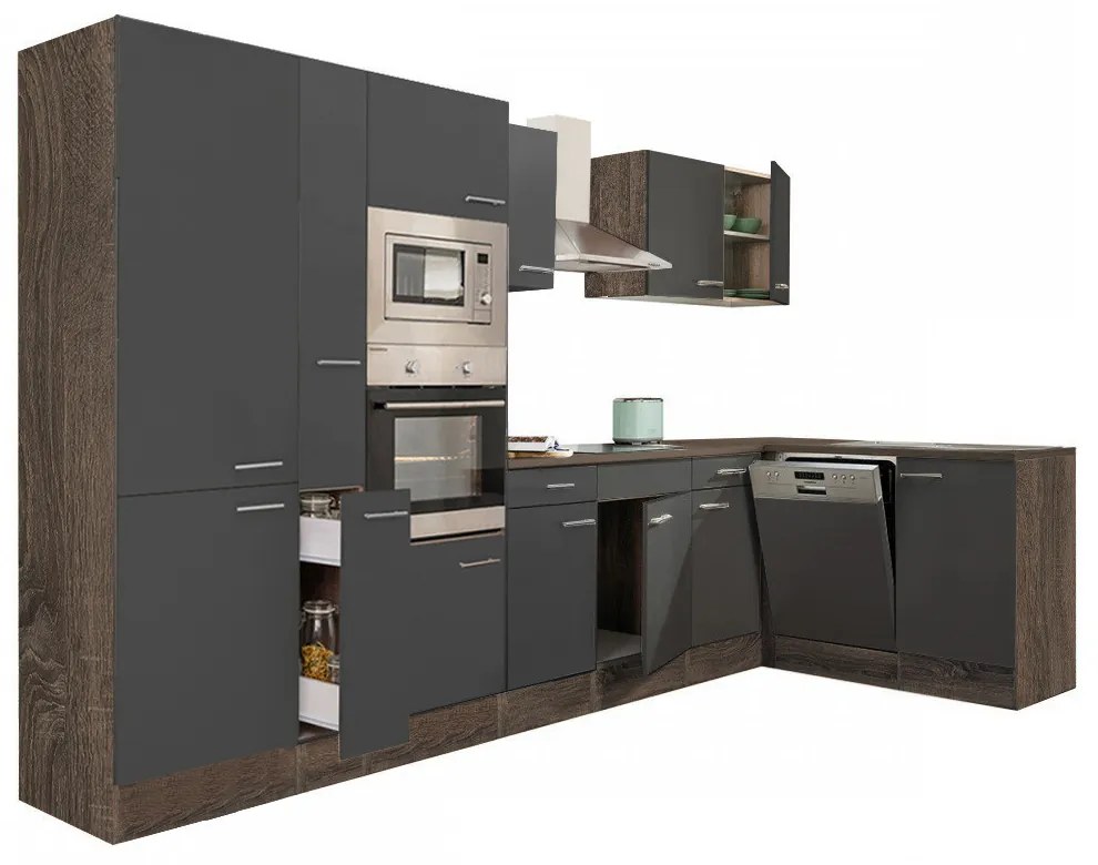 Mobilă de bucătărie de colț Yorki 370, corp stejar Yorki, față antracit satinat, cu dulap cu raft