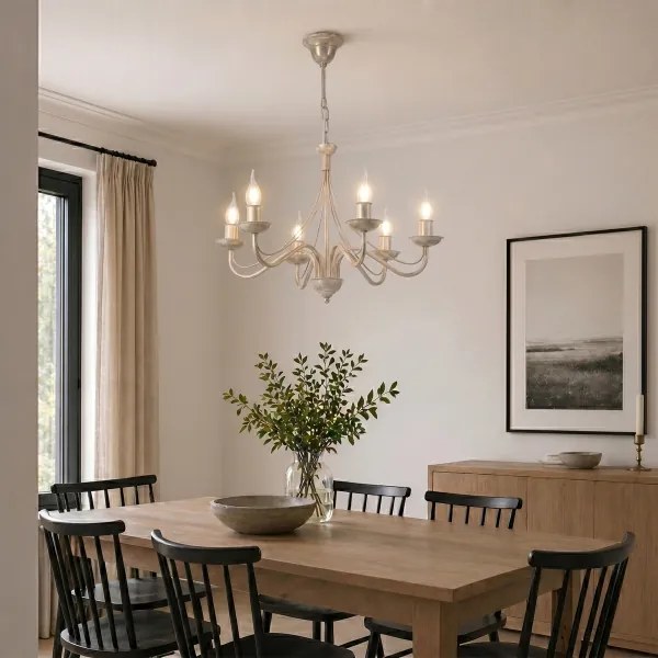 Candelabru suspendat pe lanț ANTON 6xE14/60W/230V, finisaj alb patinat