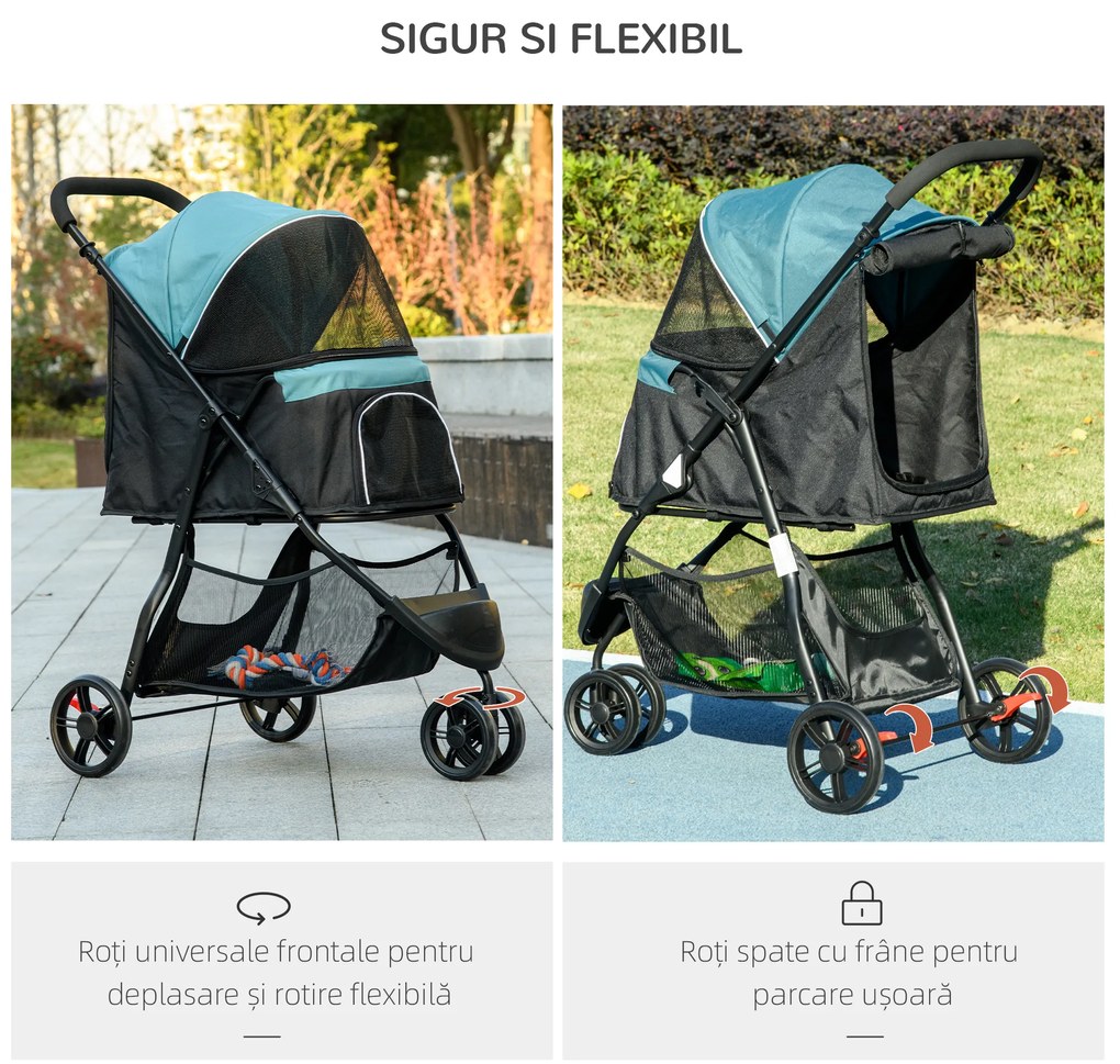 PawHut Cărucior pentru Câini cu 3 Roți, Cărucior Pliant cu Husă de Ploaie, Coș și Curea, 80,5x51,5x100 cm, Verde Închis | Aosom Romania