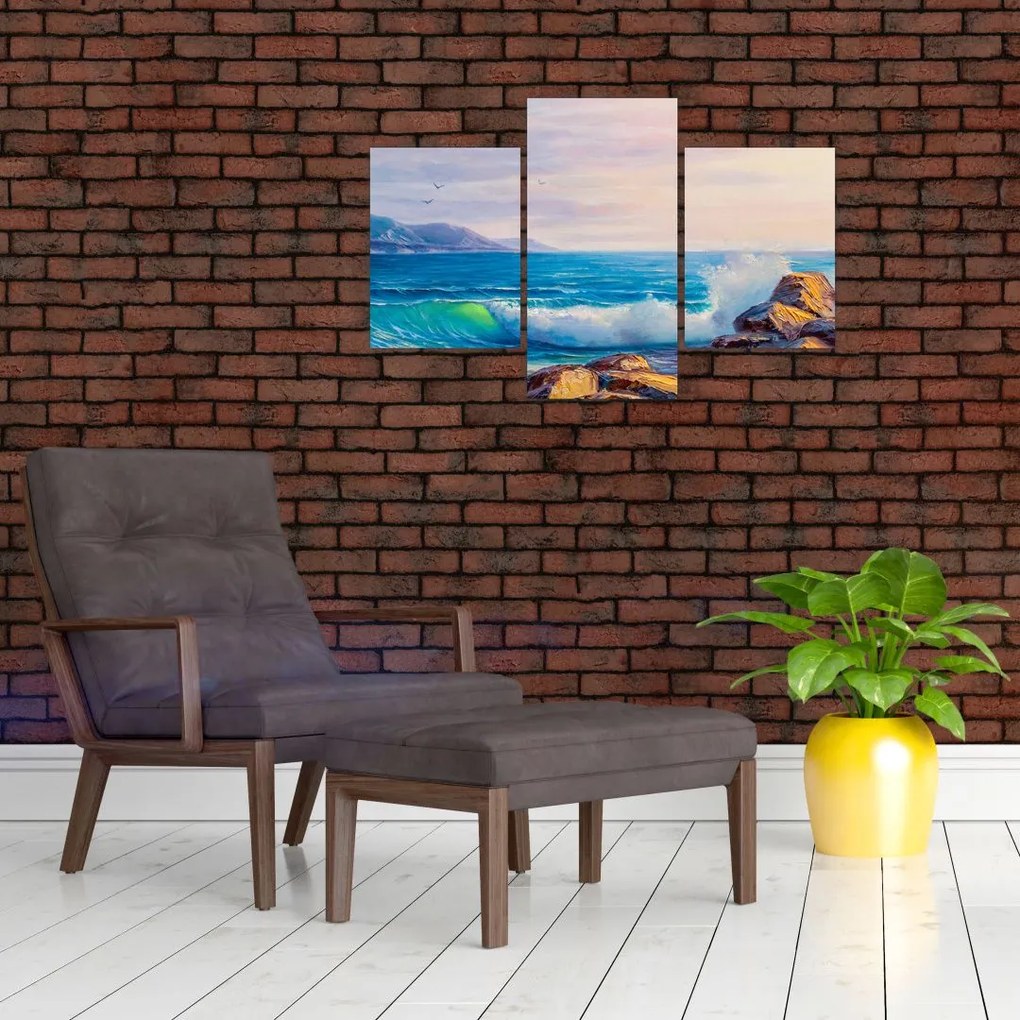 Tablou - Valuri lovind stânci, pictură în ulei (90x60 cm)