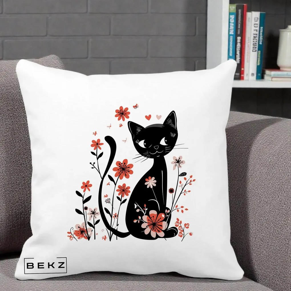 Perna Decorativa Pisica Neagra Flori Roz si Inimi, 40x40 cm, Alba Mata, Husa Detasabila, Perna Inclusa, BEKZ®