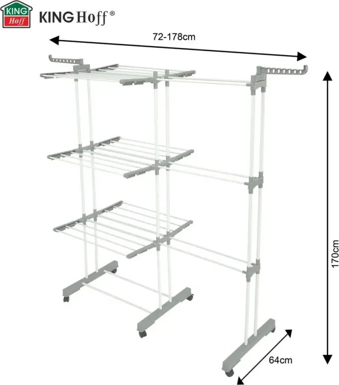 Uscător de rufe Kinghoff KH 2044, 30 m, până la 30 kg, 3 niveluri, roți, oțel, alb/gri